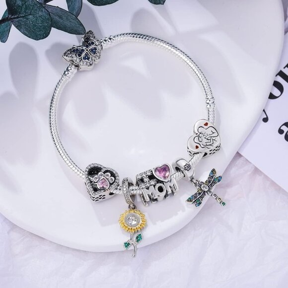 925 Sterling Silver Snake Chain Charm Bracelet Butterfly Sunflower Heart with Cu - Picture 4 of 7
